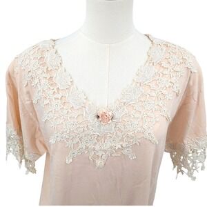Vintage Magnet Art Peach Lace‎ Applique Top L Cotton Romantic Cottagecore Blouse